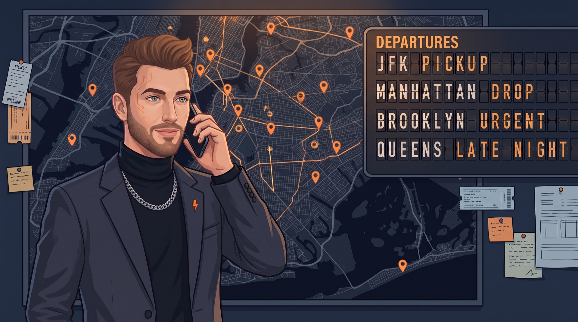 Clever at the dispatch wall: a Brooklyn street map, a split-flap job board, ticket stubs