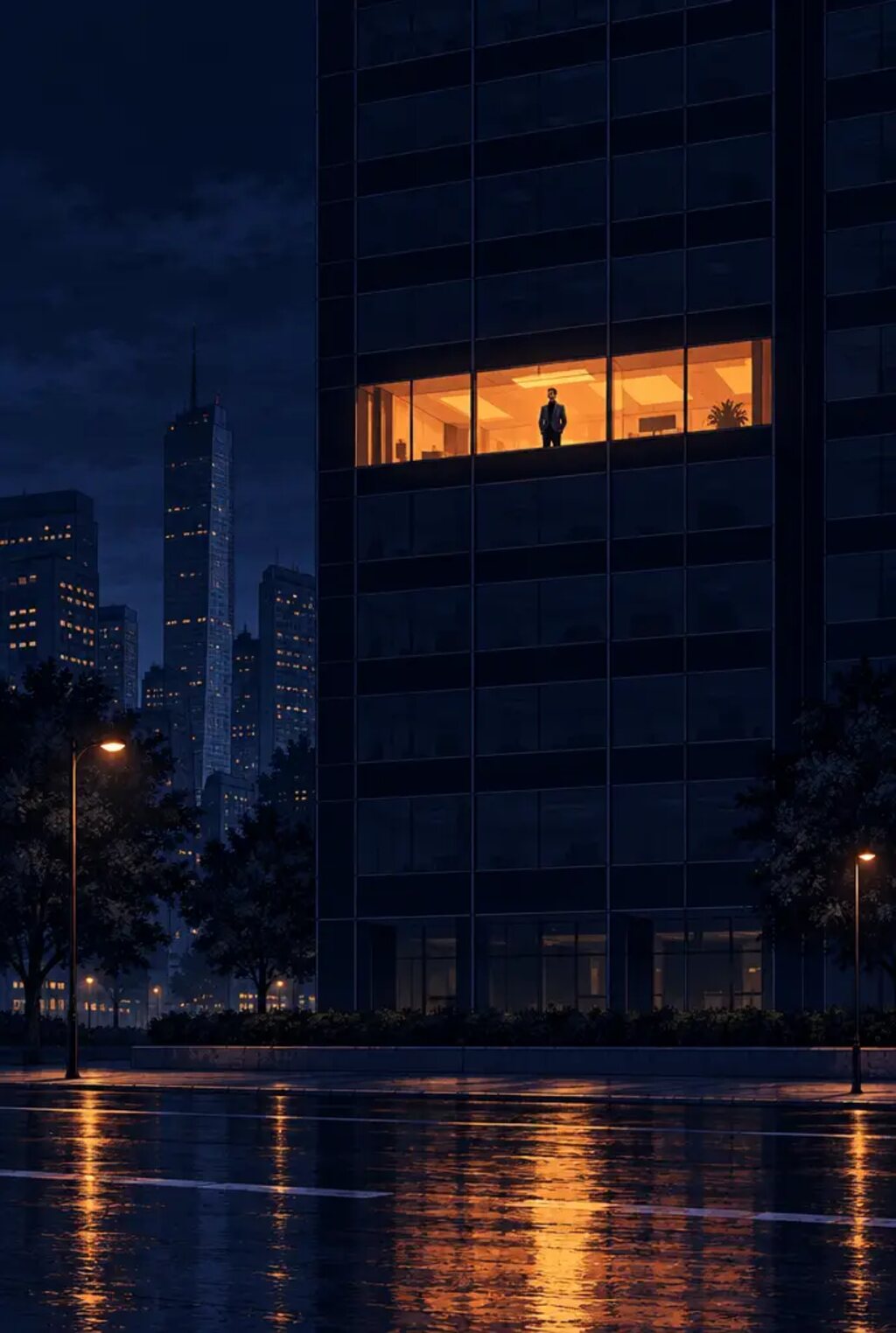 A dark office tower at night, one floor lit: Clever at the window, running the company