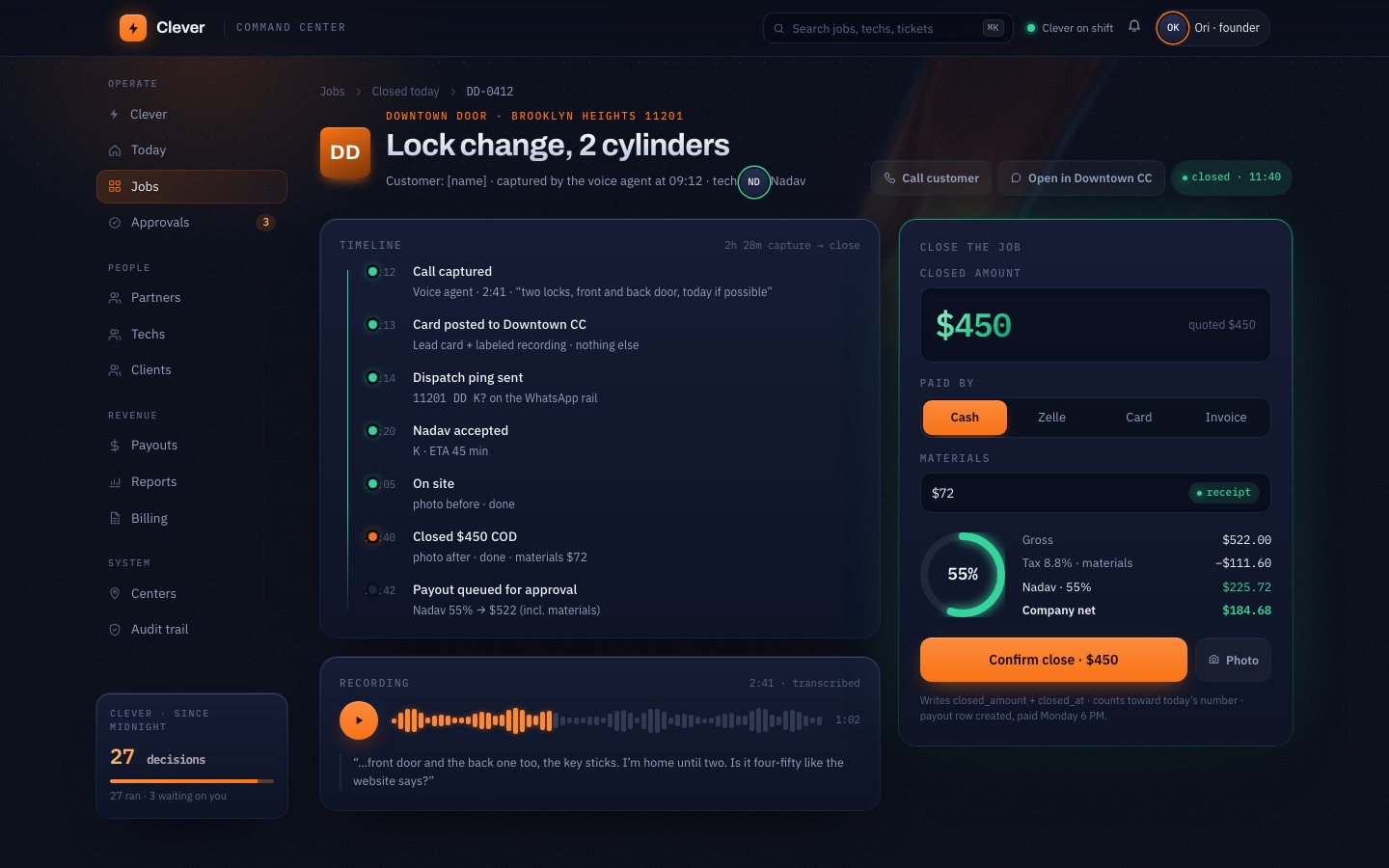 Job close: timeline, recording, payout math